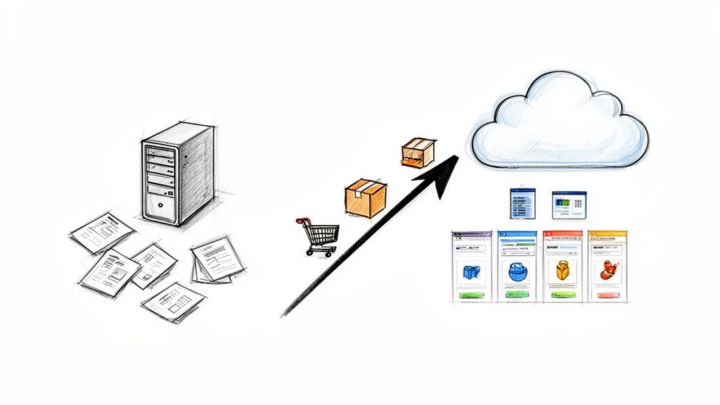 A sketch illustrating data migration from a physical server and documents to cloud services.