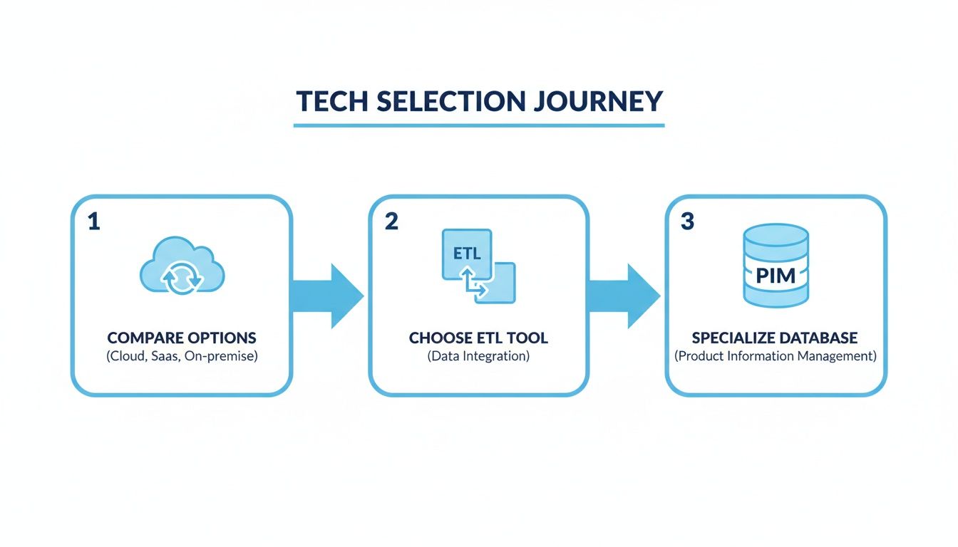 A visual guide illustrating the tech selection journey with three key steps for database selection and integration.