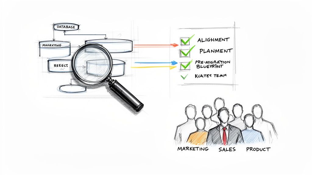 Hand-drawn illustration of data migration steps, checklist with alignment, and cross-functional team.