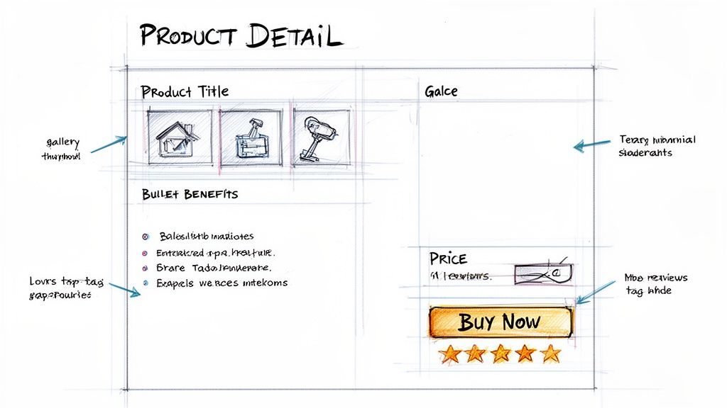 Hand-drawn sketch of a product detail page featuring title, image gallery, bullet benefits, price, reviews, and a buy button.