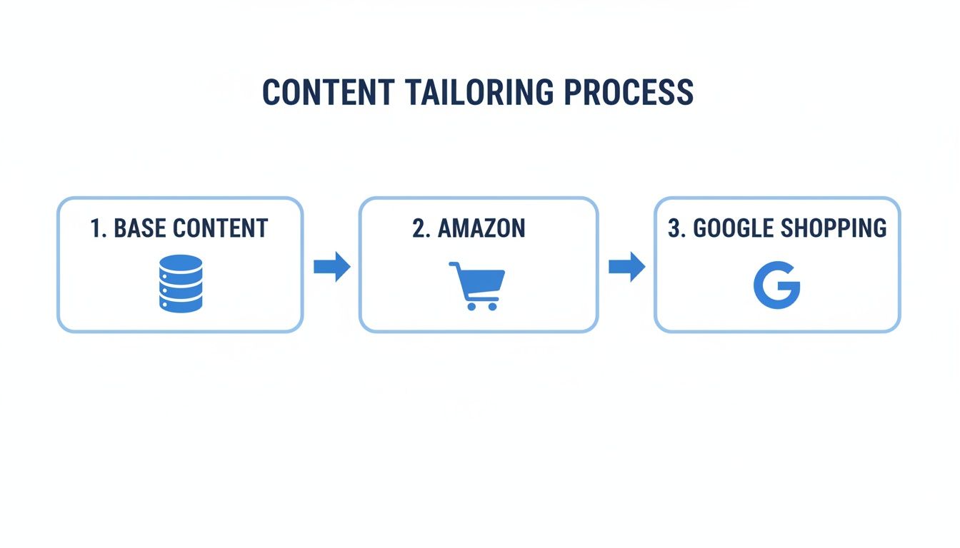 A flowchart illustrates the content tailoring process, moving from base content to Amazon and Google Shopping platforms.