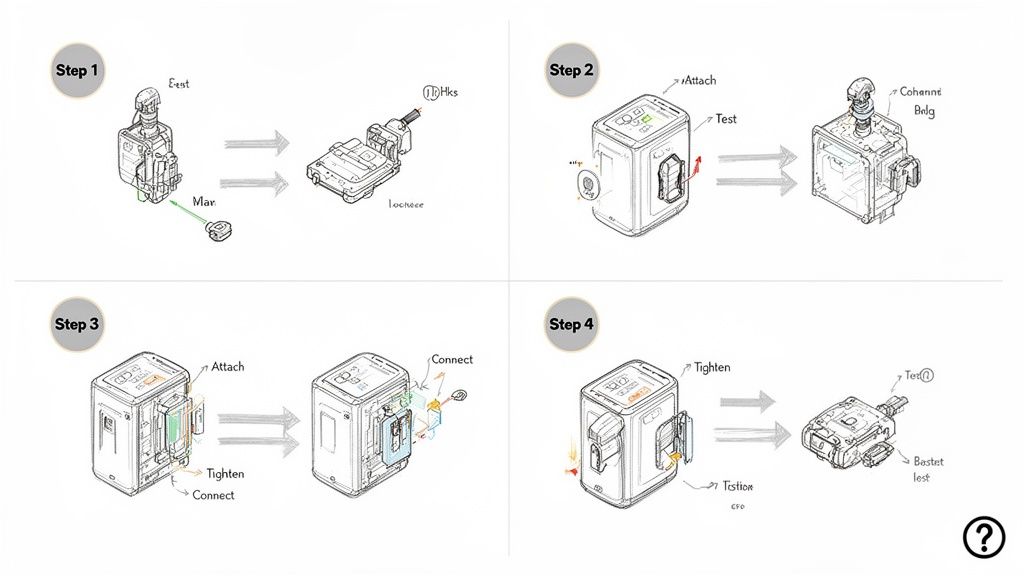 Technical diagram illustrating a four-step assembly and connection process for an electronic module.
