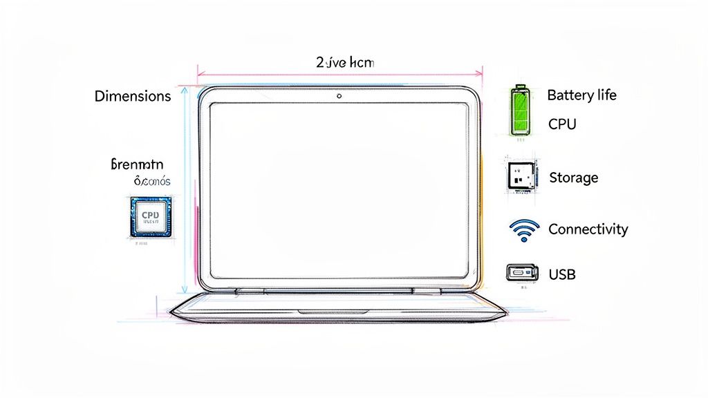 A detailed sketch of a laptop illustrating its key technical specifications and features.