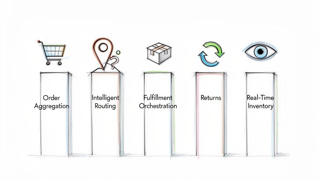 Diagram showing five core steps of an order management system: aggregation, intelligent routing, fulfillment, returns, and real-time inventory.