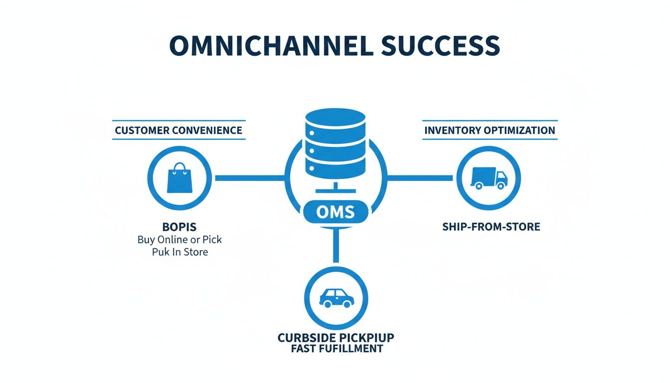 Diagram illustrating omnichannel success with OMS for BOPIS, ship-from-store, and curbside pickup.