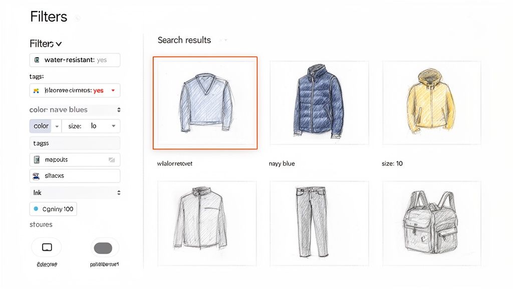 A user interface displaying clothing filters and search results with hand-drawn sketches of apparel and accessories.