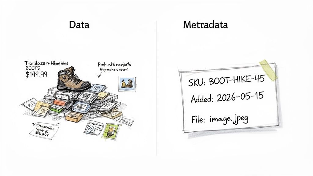 A drawing comparing raw product data like boots and prices with descriptive metadata like SKU and file name.
