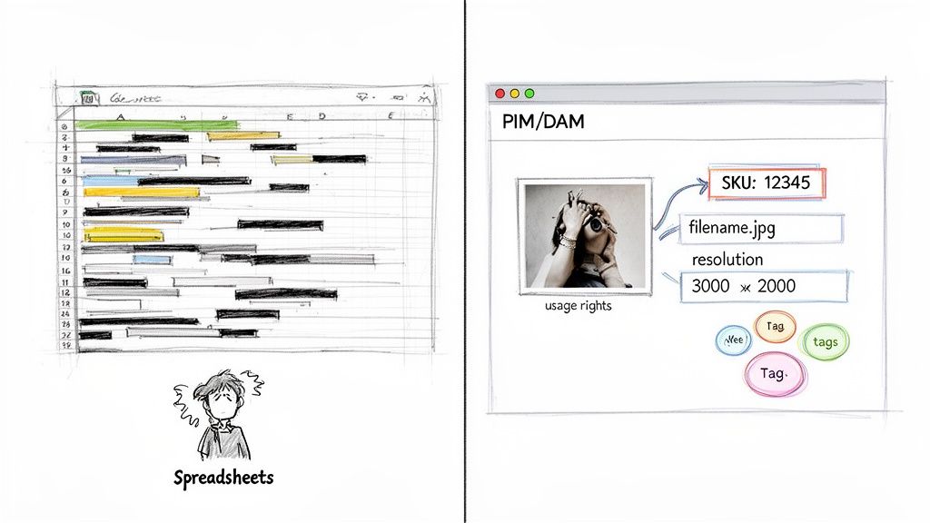Image illustrating the difficulty of managing data in spreadsheets versus the efficiency of a PIM/DAM system.