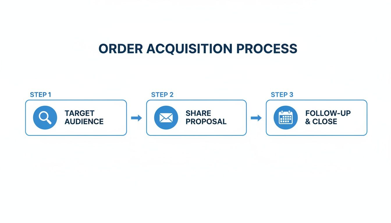 A three-step order acquisition process flowchart showing target audience, share proposal, and follow-up & close.