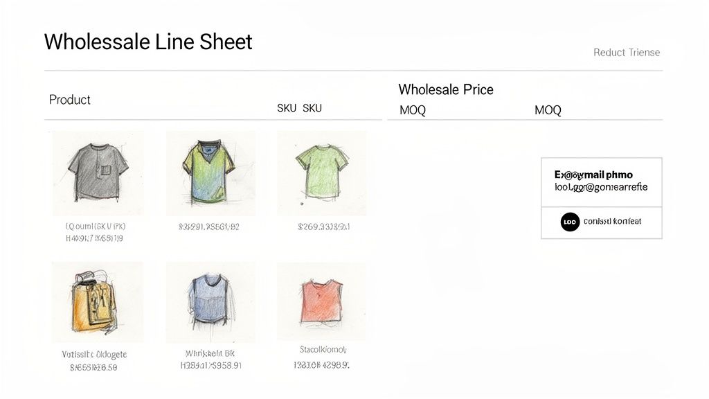 Wholesale line sheet displaying various sketched apparel items with product details and contact information.