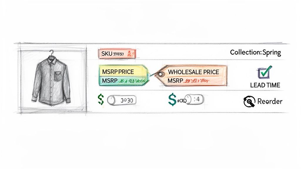 A hand-drawn sketch of a grey shirt with product details like SKU, MSRP, wholesale price, lead time, and reorder options.