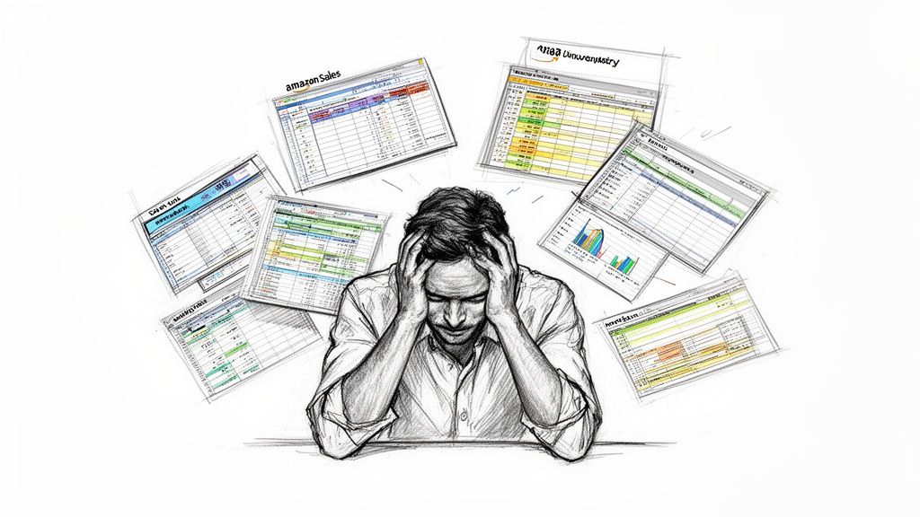 A man sits at a desk with his head in his hands, surrounded by floating spreadsheet documents.