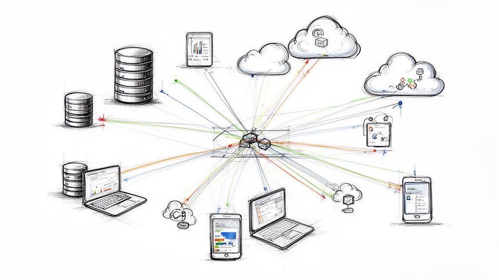 A hand-drawn illustration showing a central data hub connecting various computing devices, cloud services, and database servers.