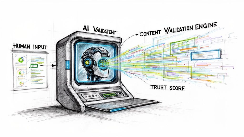 A digital sketch of an AI Validation engine processing human input to determine a trust score for content.
