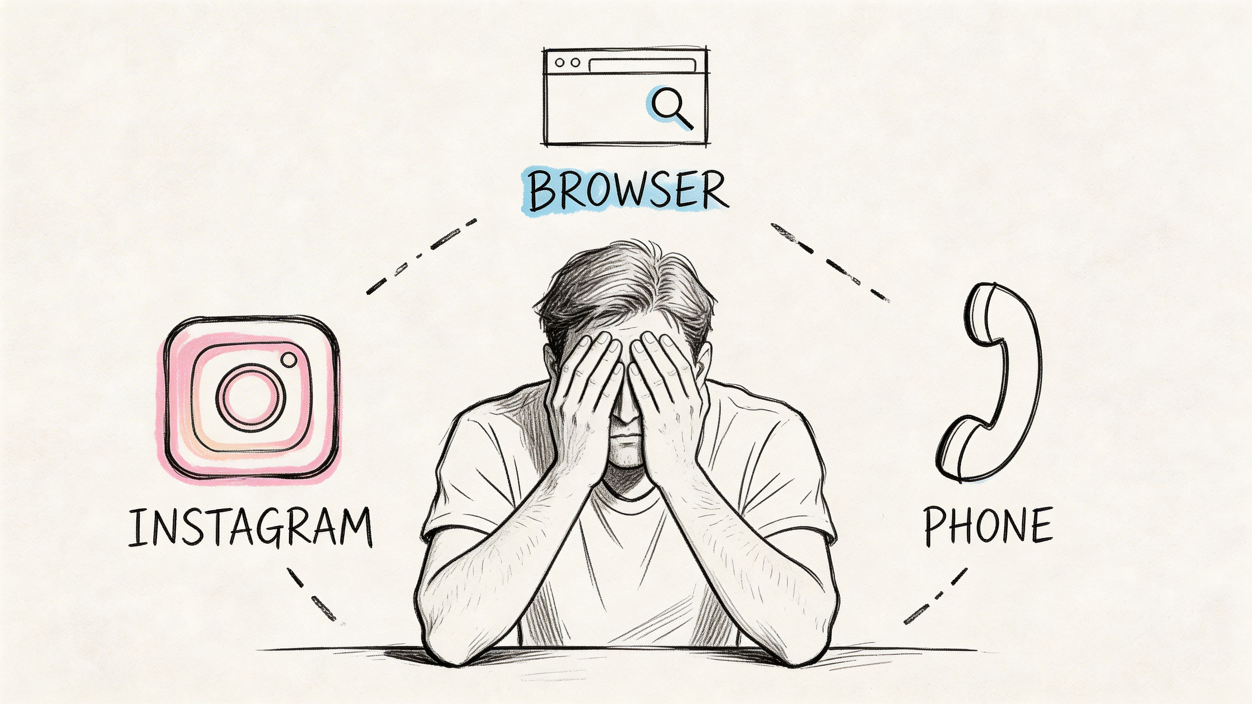 A distressed person sitting with hands on face, surrounded by browser, Instagram, and phone icons representing communication.