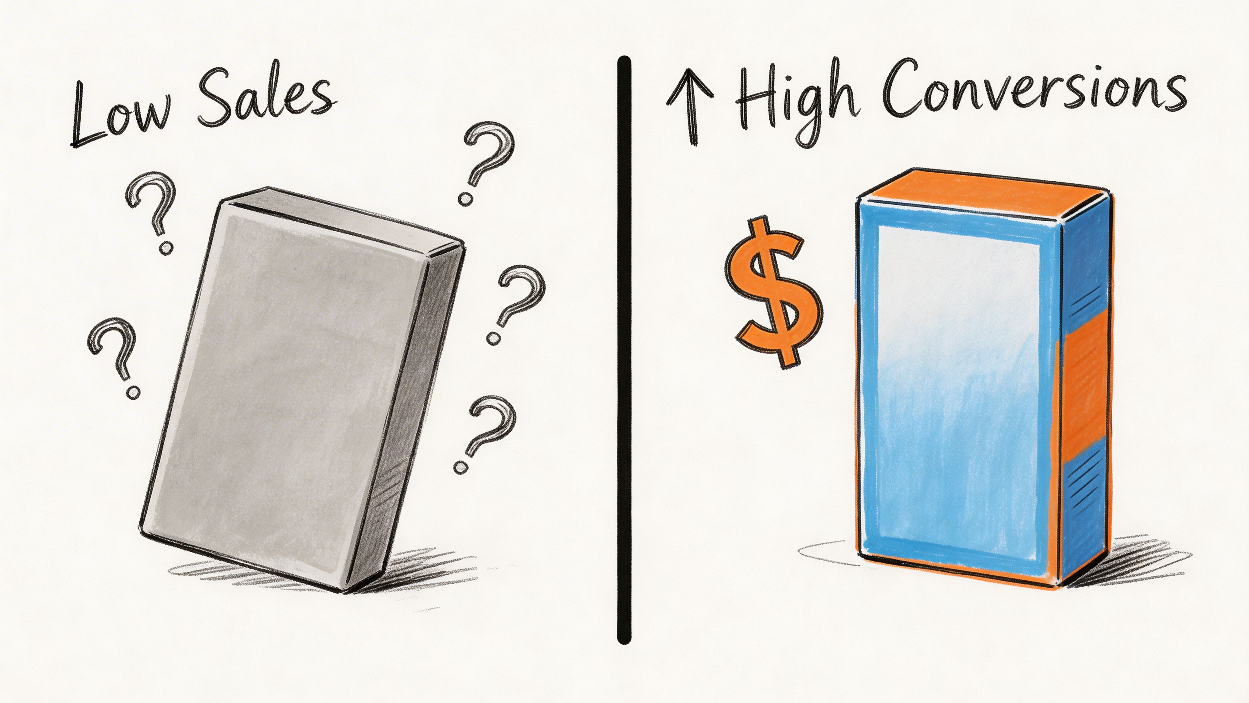 A split image contrasting a grey box with question marks against a vibrant product box with dollar signs.