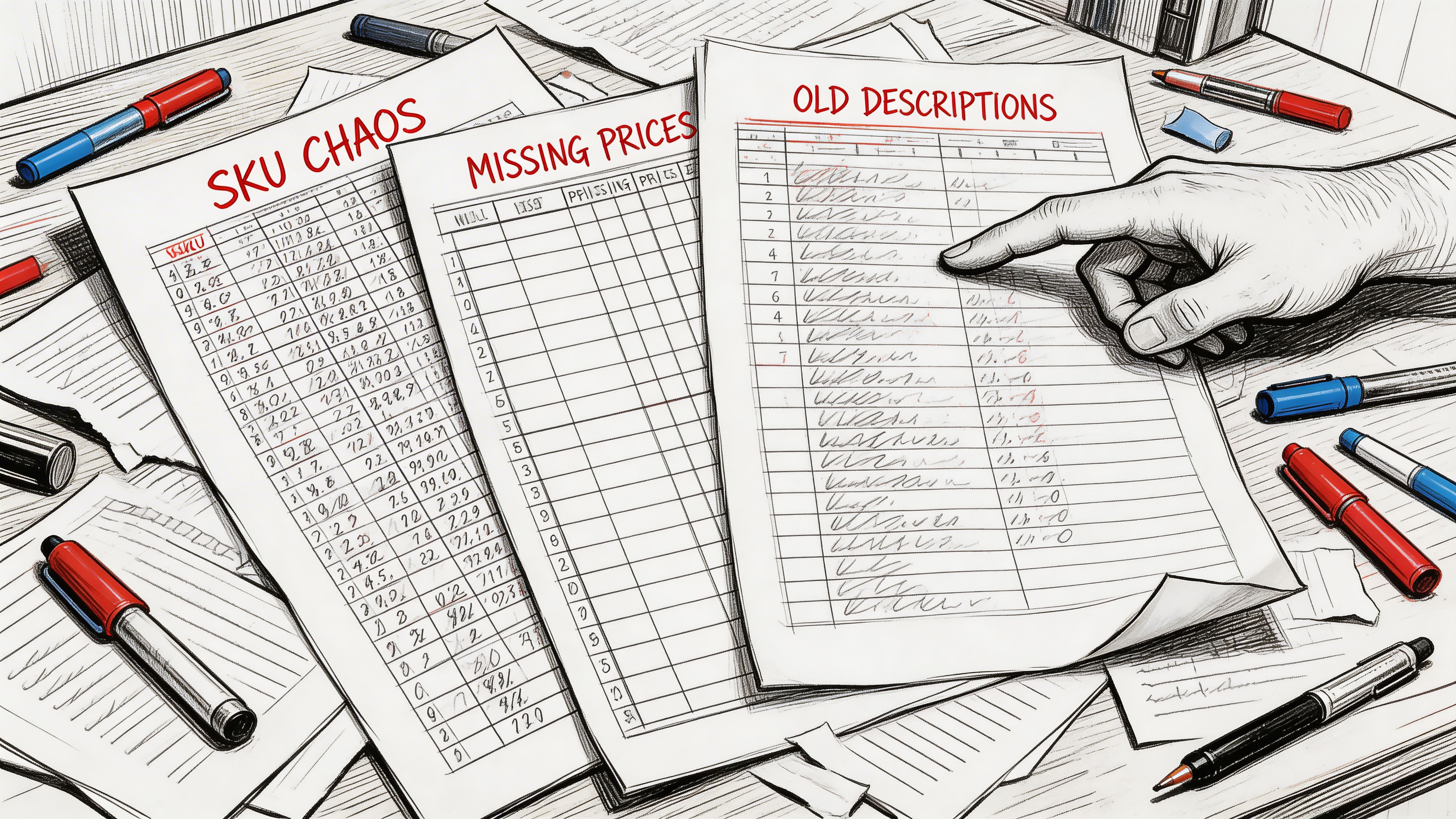 A hand pointing to a table of old product descriptions next to documents labeled SKU Chaos and Missing Prices.