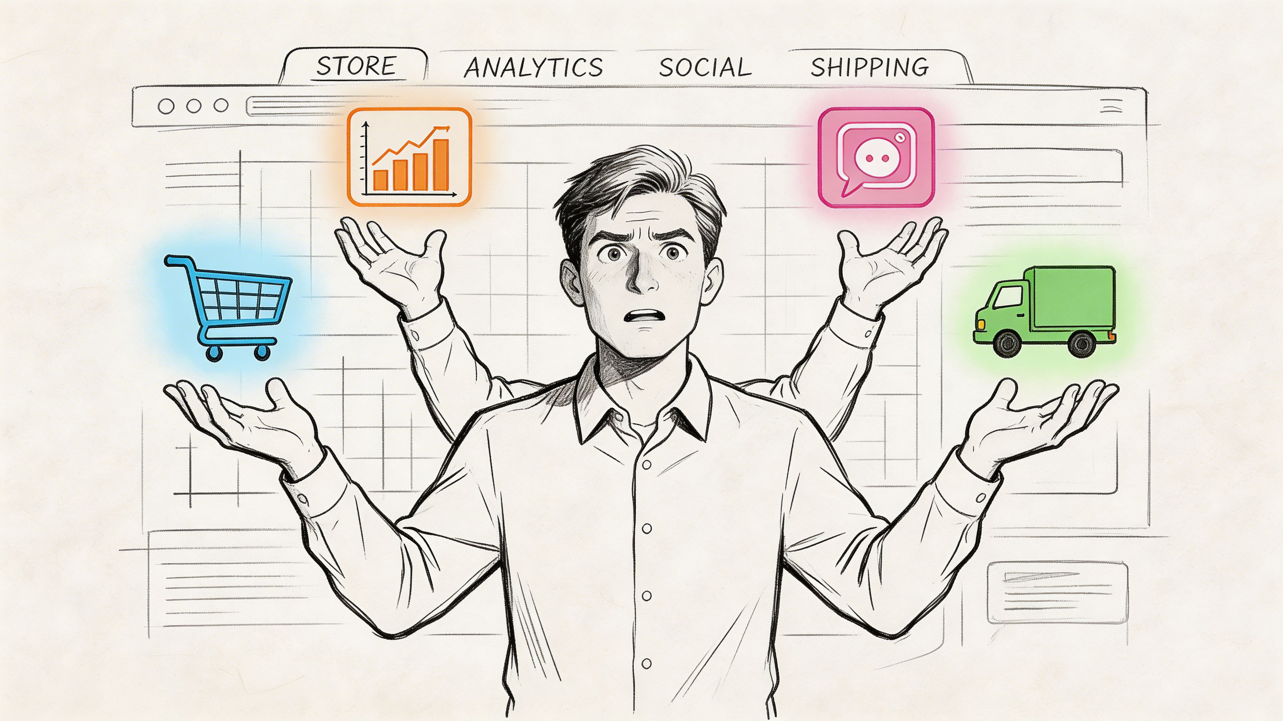 A man with four arms struggling to balance retail, analytics, social media, and shipping management tasks.