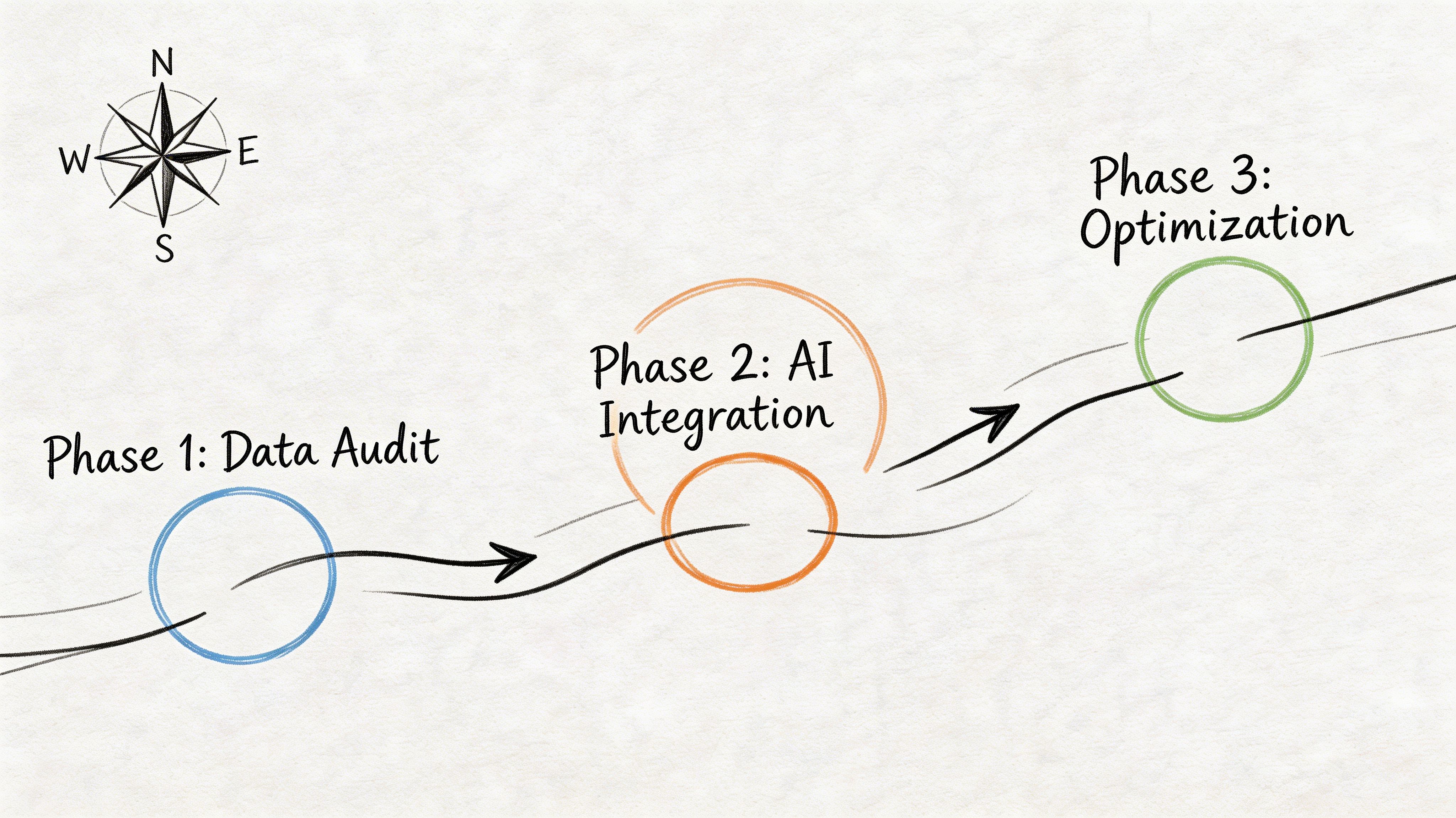 A hand-drawn style roadmap illustration showing three phases: Data Audit, AI Integration, and Optimization.