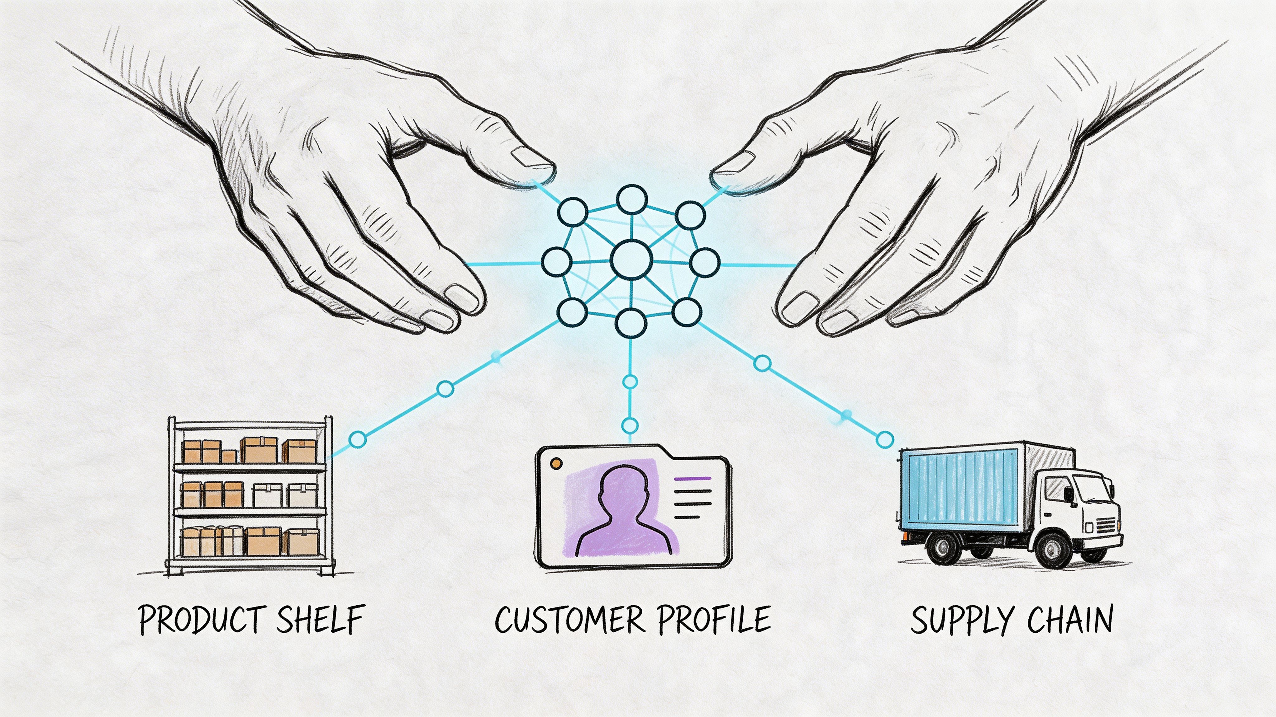 A conceptual sketch showing human hands connecting product shelves, customer profiles, and supply chain logistics via digital networks.