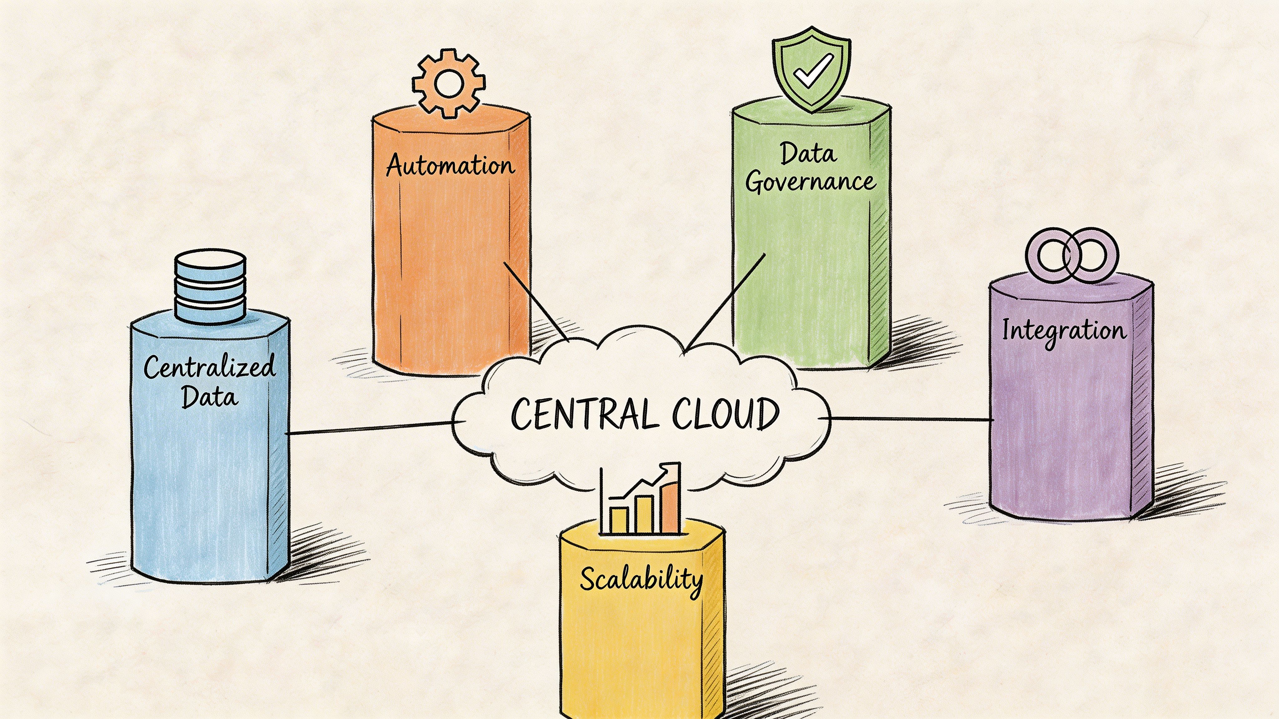 A hand-drawn illustration showing Central Cloud surrounded by five pillars including data, automation, governance, integration, and scalability.