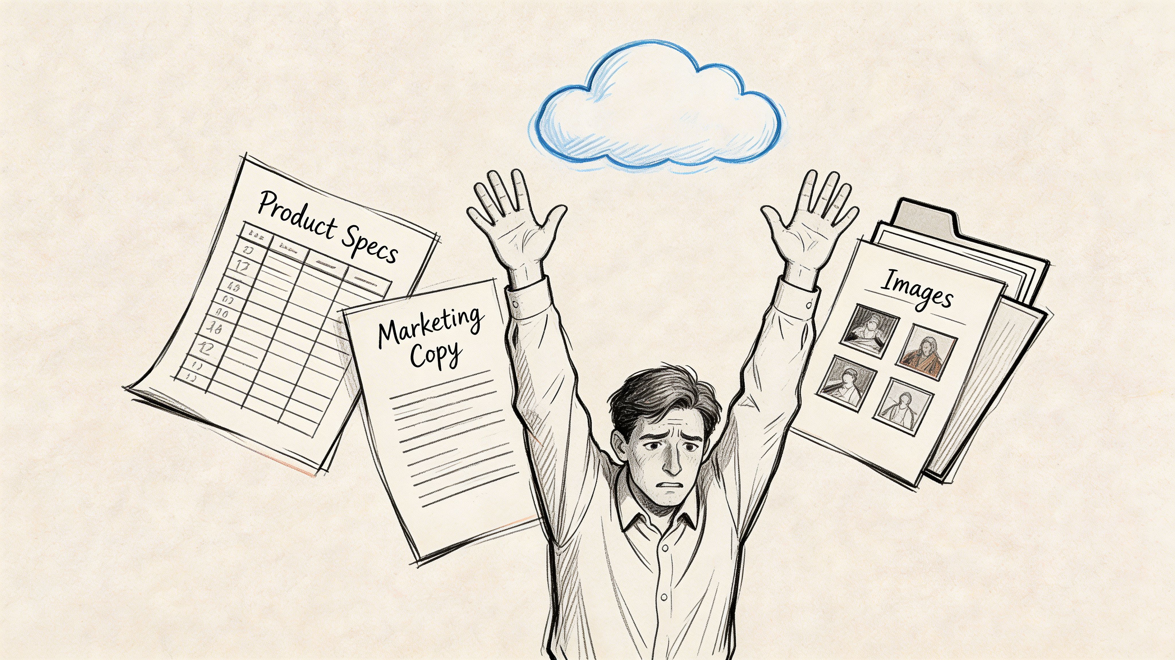 A distressed man reaching up to a cloud, surrounded by floating documents labeled product specs, marketing copy, and images.
