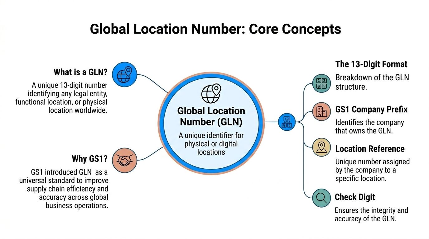 A diagram illustrating the core concepts of Global Location Numbers including definition, purpose, and structural breakdown.