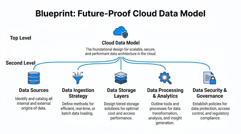 A diagram illustrating a future-proof cloud data model, covering sources, ingestion, storage, processing, and governance.