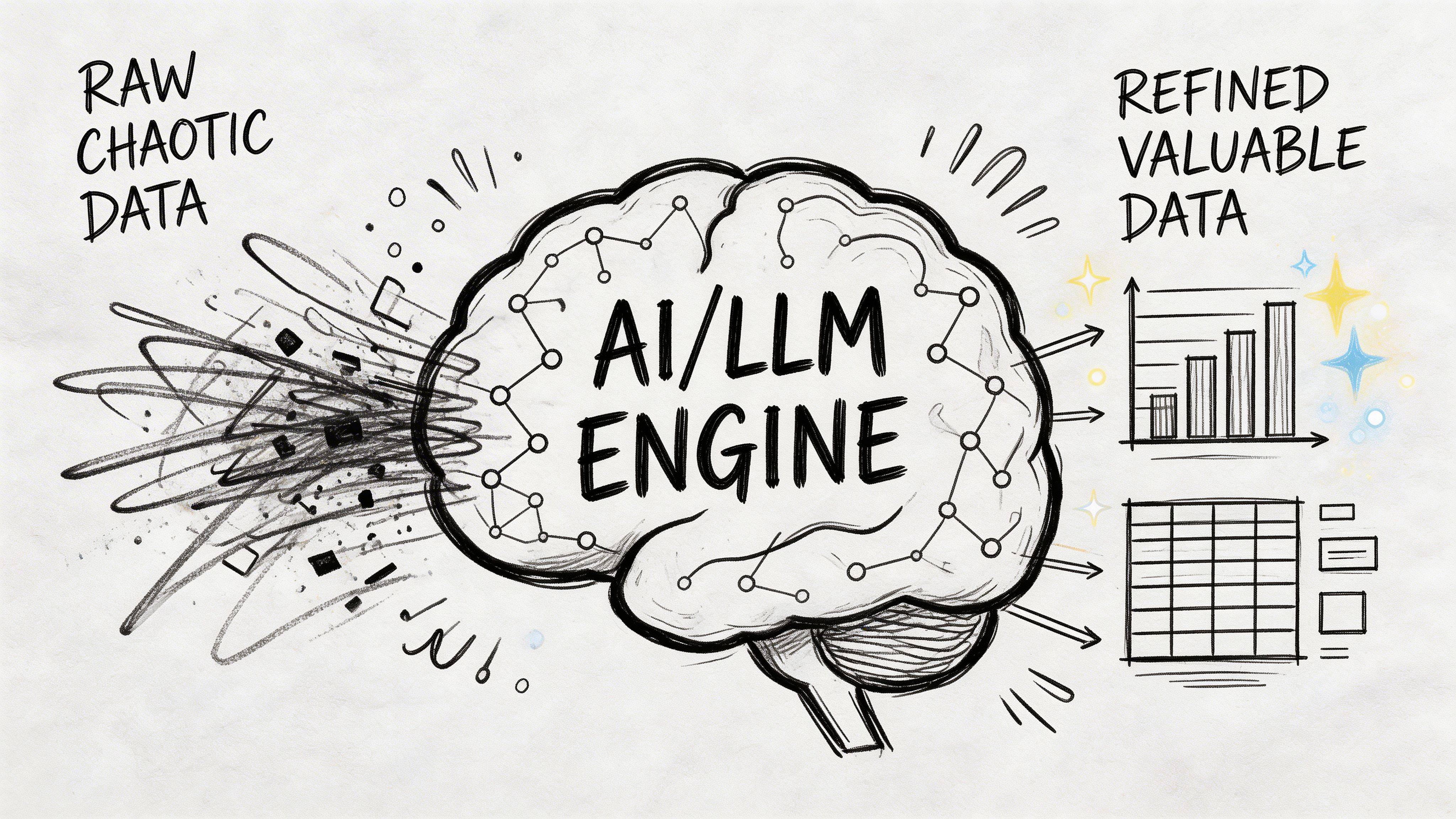 A conceptual diagram showing chaotic data entering an AI brain, which processes and transforms it into organized data.