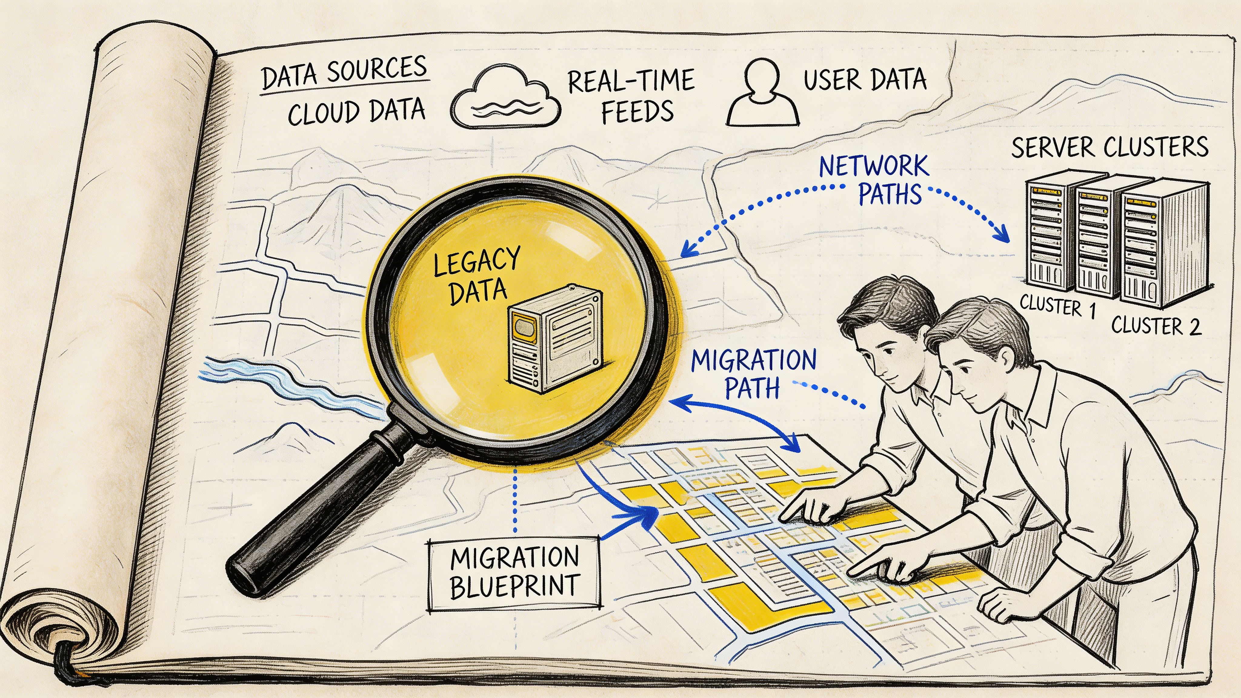Two people reviewing a migration blueprint on a large map involving data sources and server clusters.