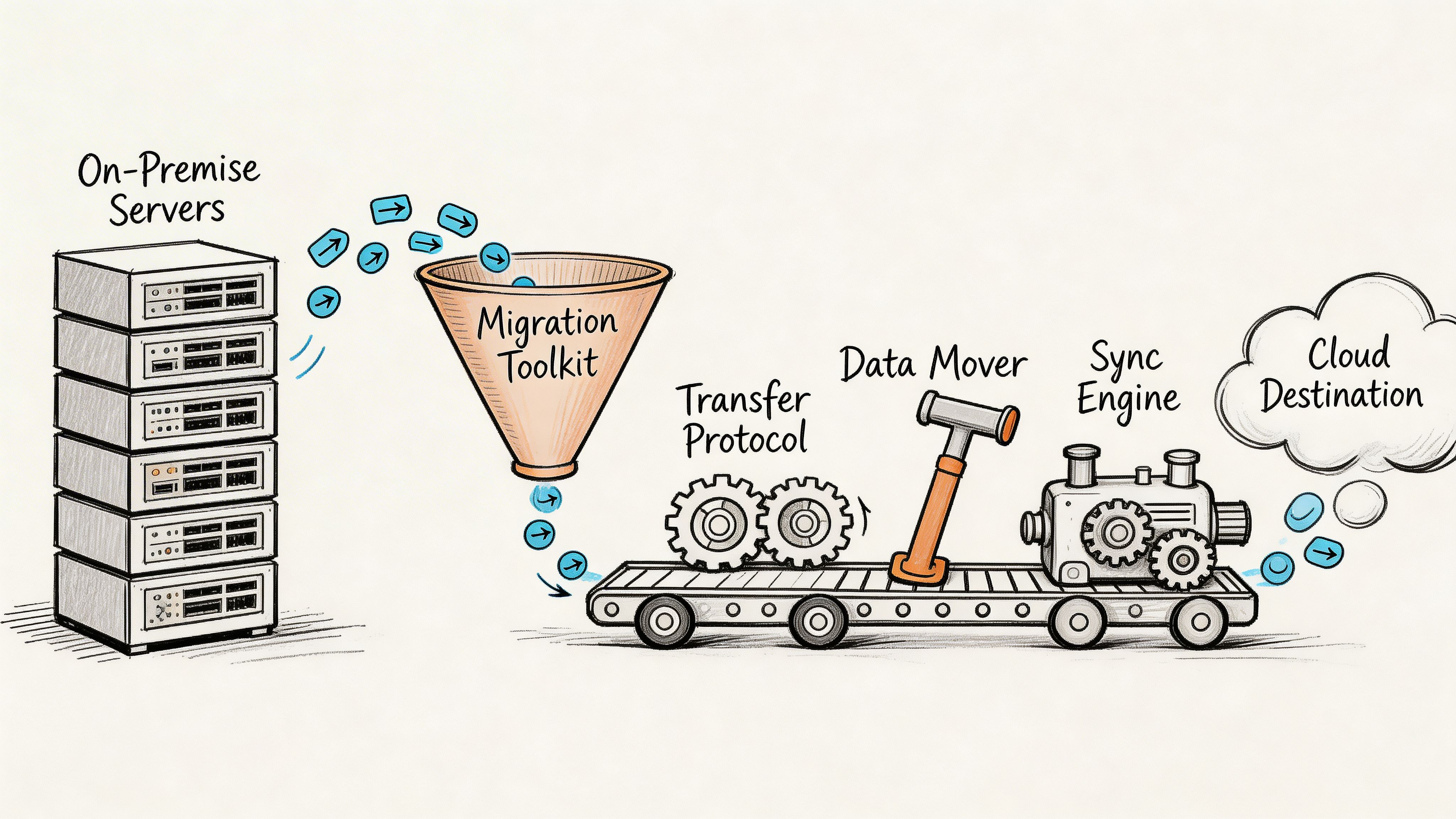 A hand-drawn illustration showing data migrating from on-premise servers through a toolkit to the cloud destination.