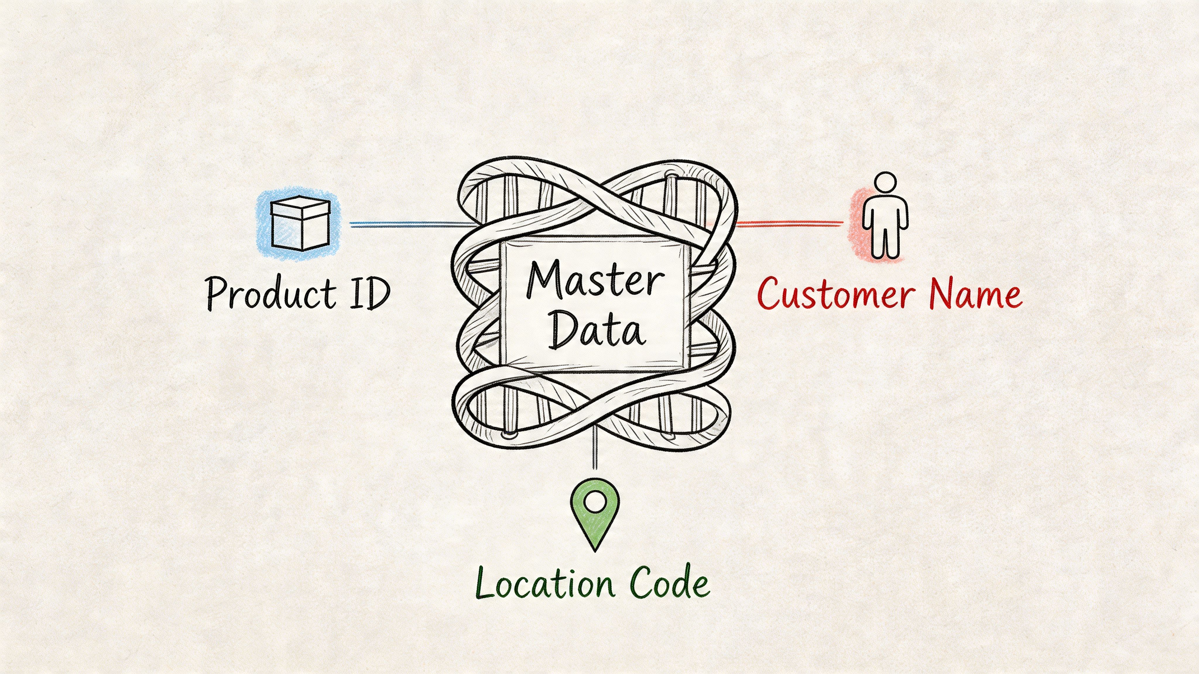 A hand-drawn style illustration showing a central DNA helix labeled Master Data connected to product, customer, and location icons.
