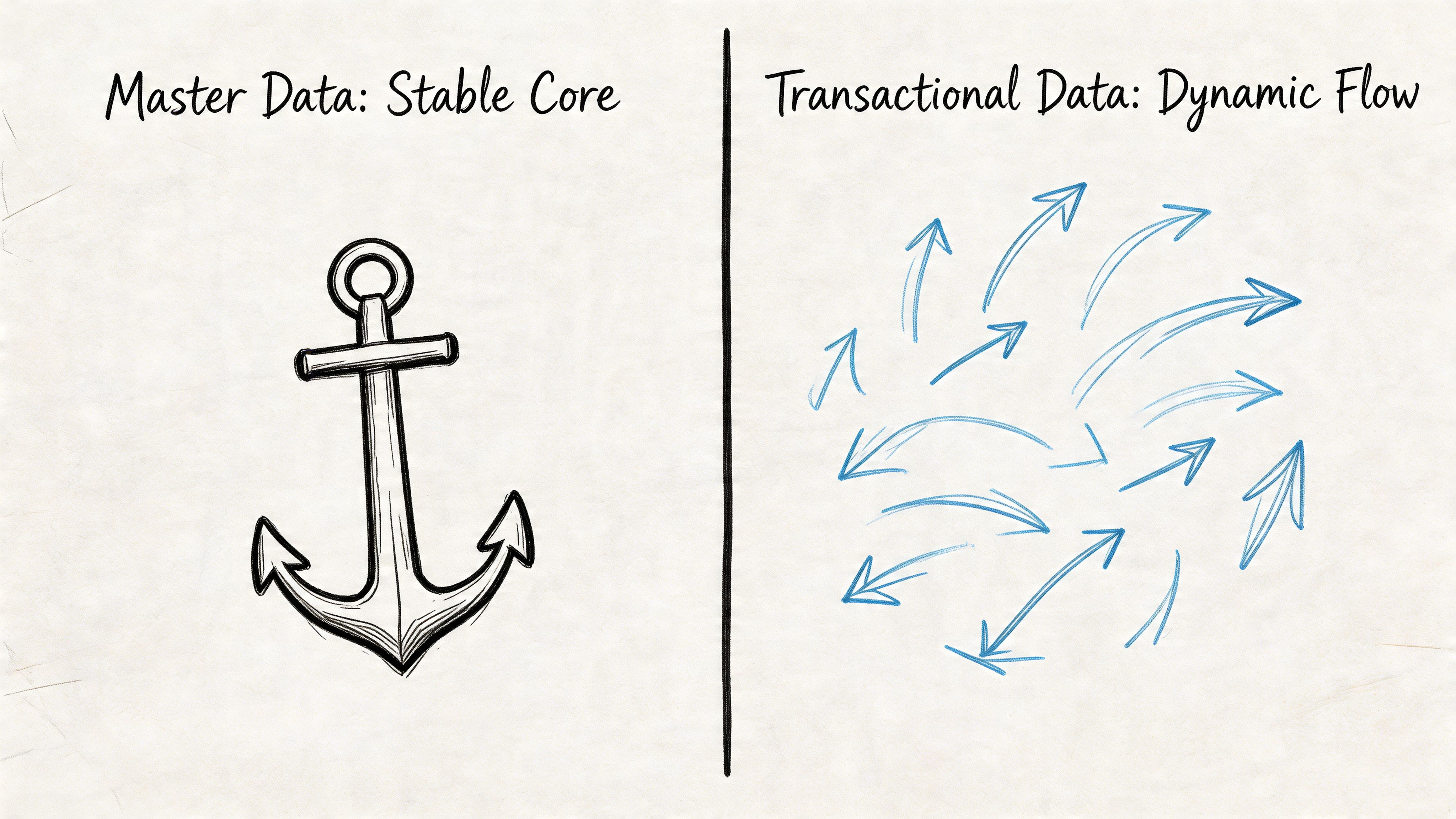 A diagram comparing master data as a stable anchor and transactional data as a dynamic flow.