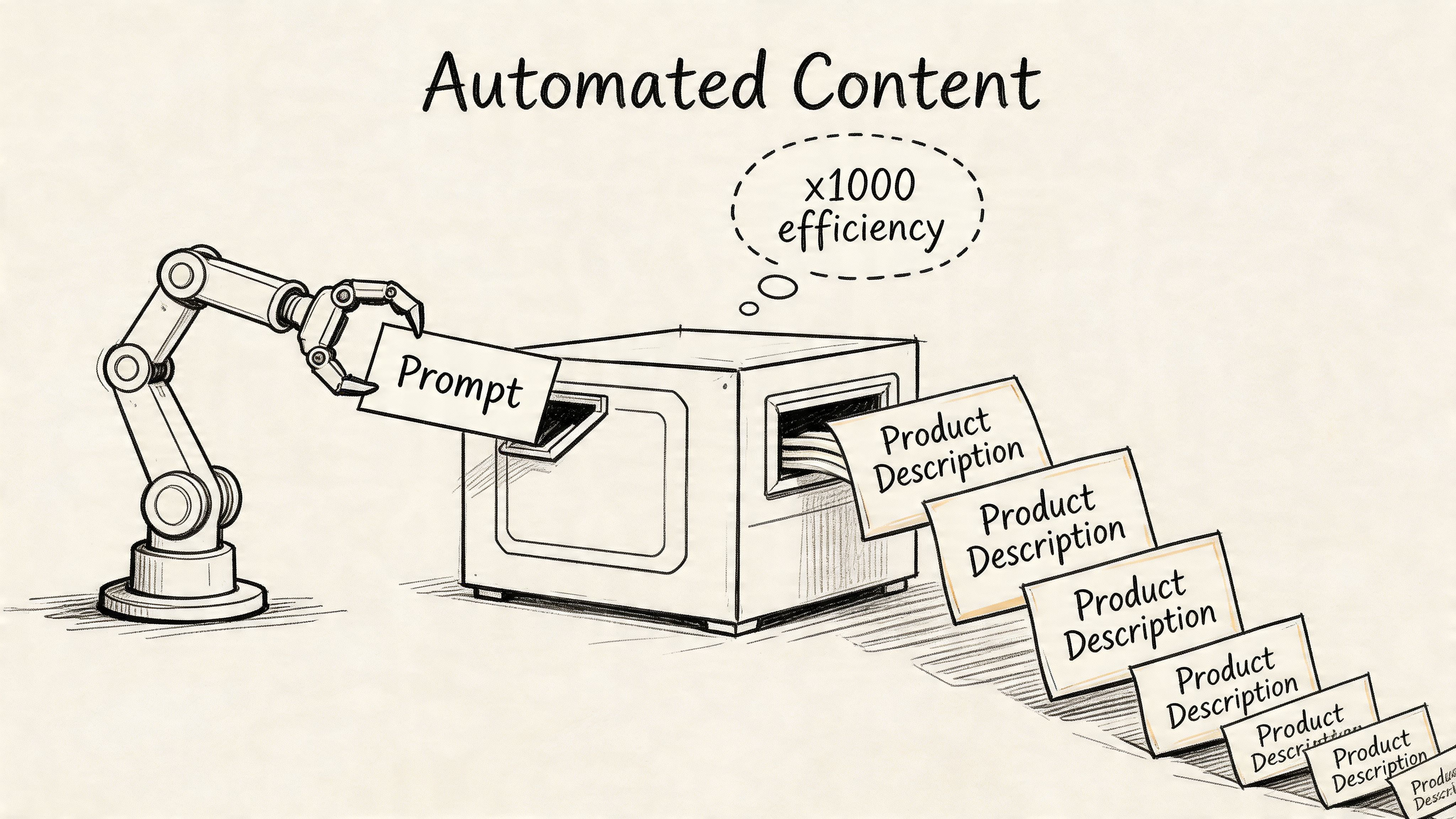 A robotic arm feeds a prompt into a machine, generating many product descriptions with high efficiency.