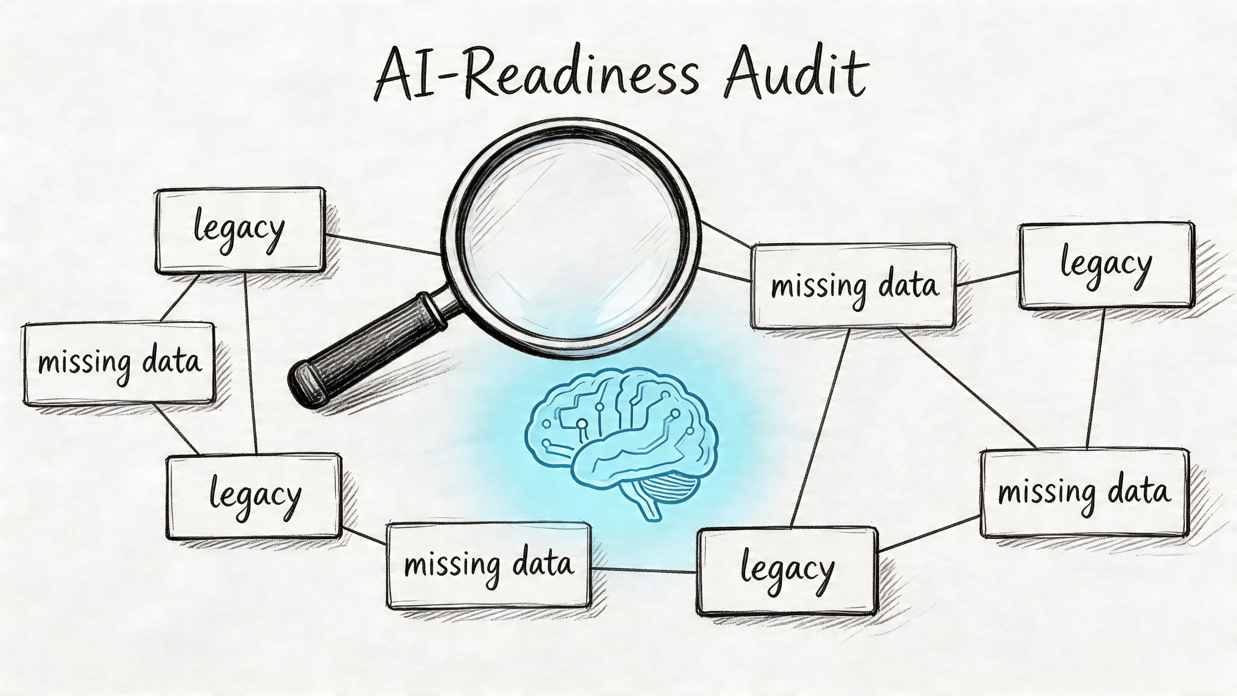 A hand-drawn sketch depicting an AI-Readiness Audit process, highlighting challenges like legacy systems and missing data.