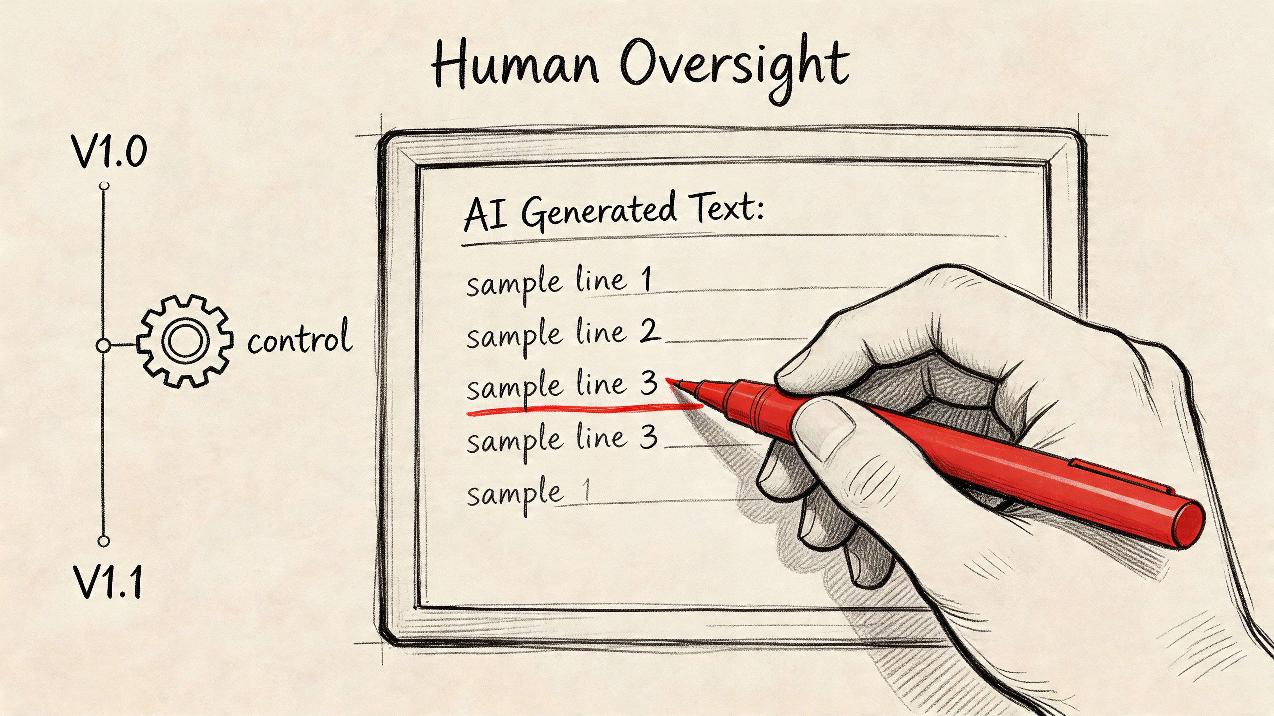 A hand using a red pen to edit or correct AI generated text on a digital tablet.