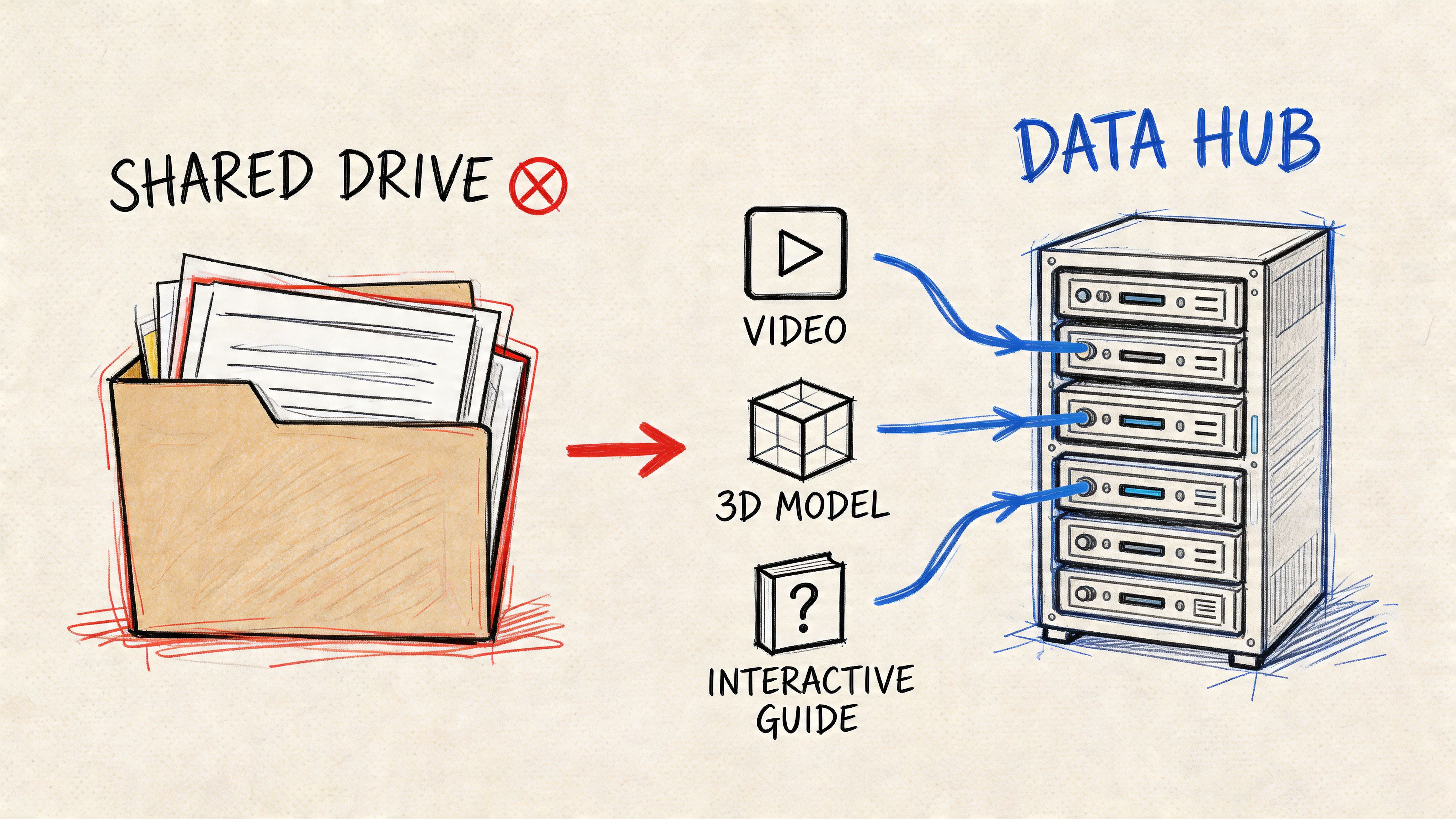 A diagram comparing a folder representing a shared drive to a centralized data hub with rich media.