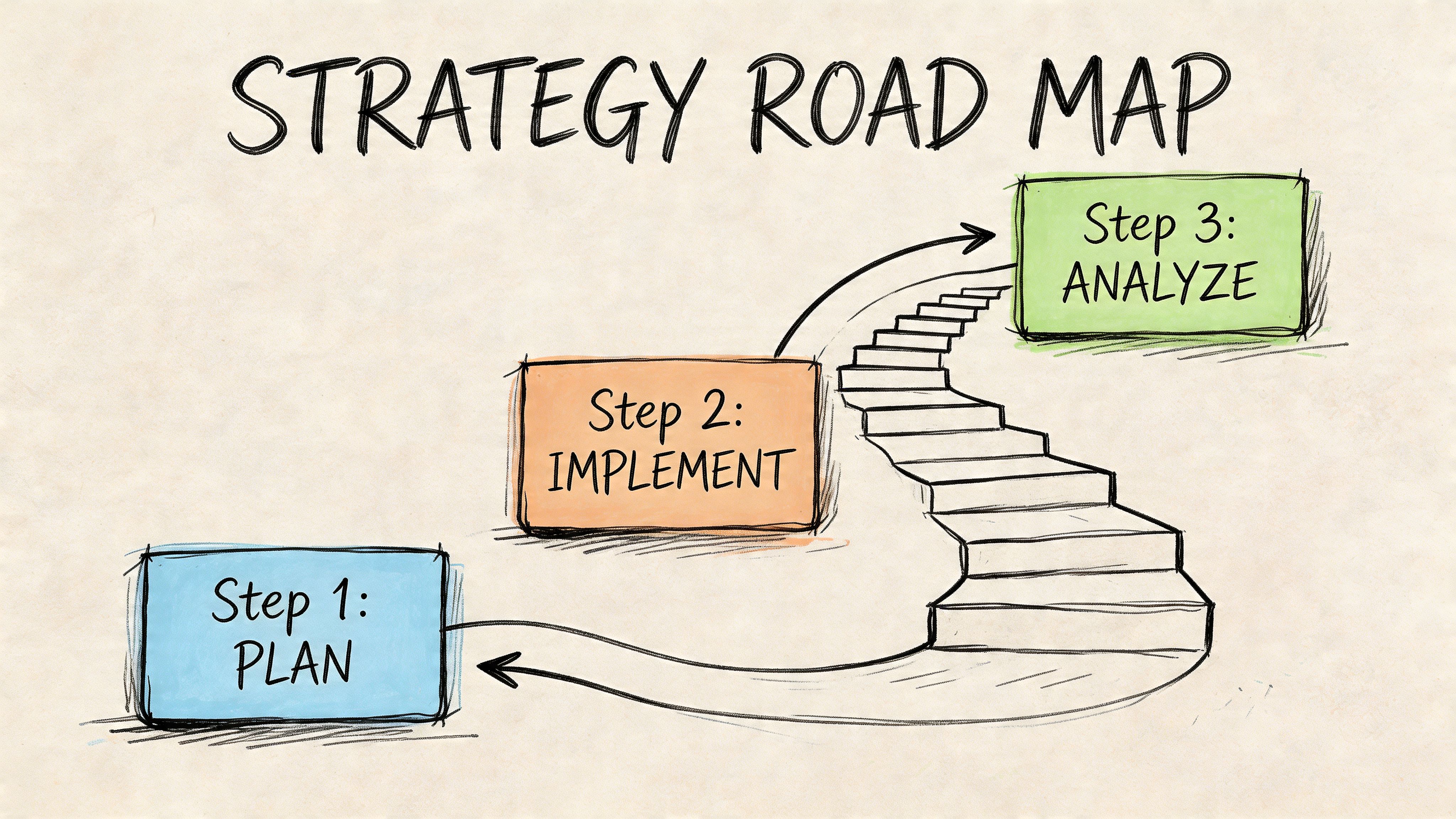 A hand-drawn strategy roadmap illustration showing three steps: Plan, Implement, and Analyze in a looping cycle.