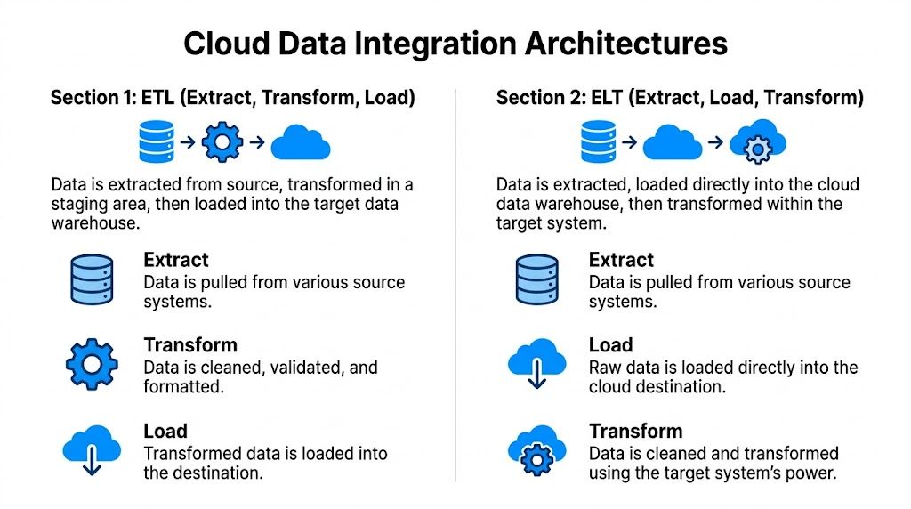 A diagram comparing ETL and ELT data integration architectures, showing the flow of data processes.