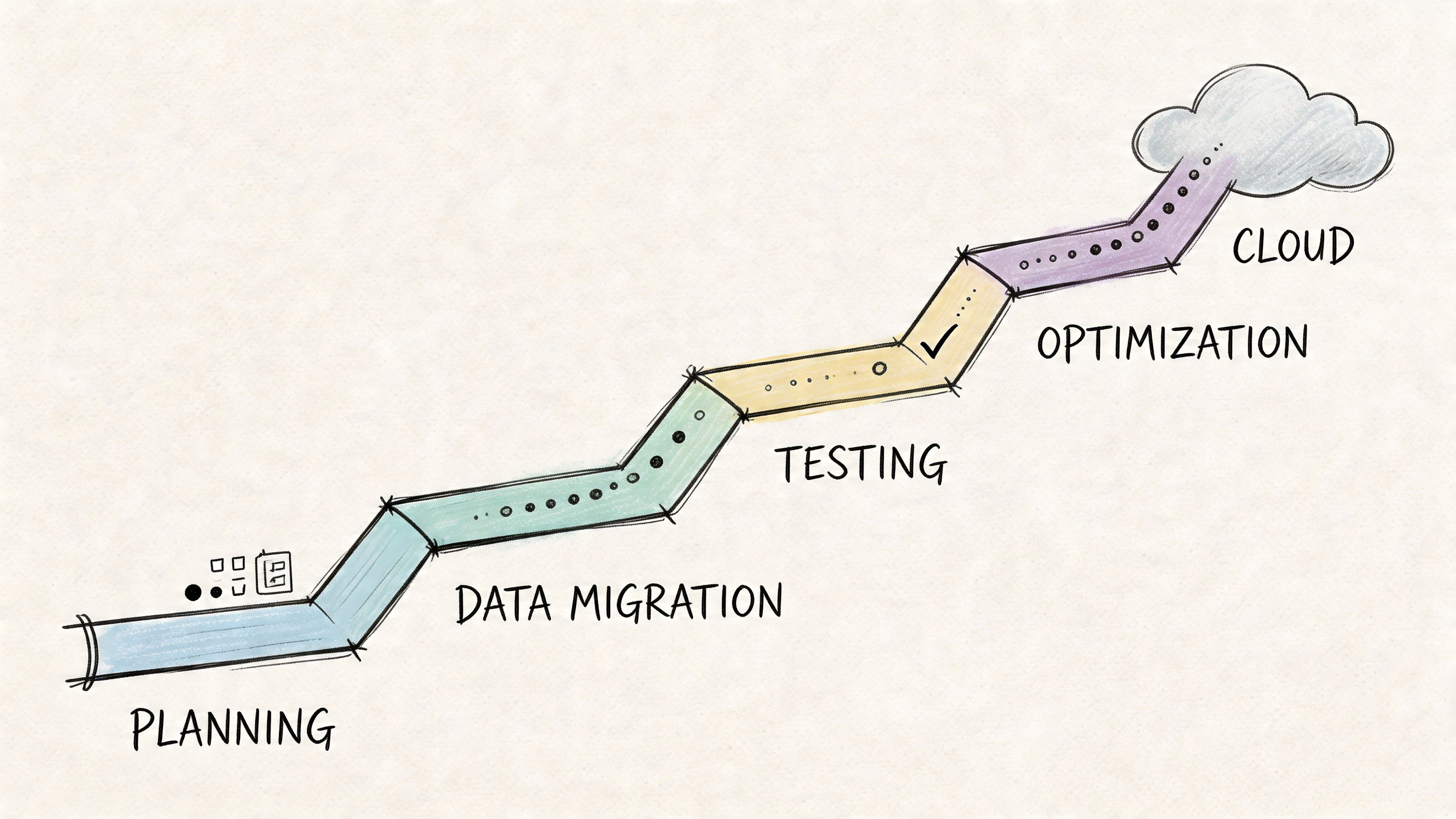 A hand-drawn flowchart illustrating the cloud journey from planning to data migration, testing, and optimization.