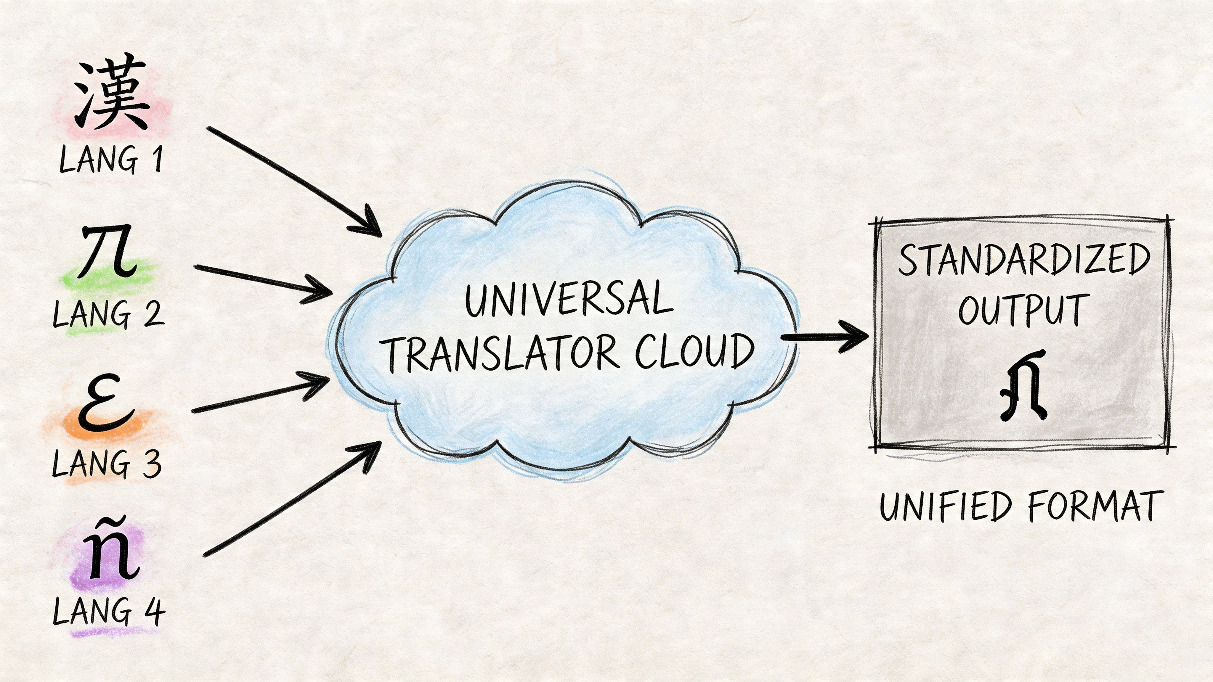 A diagram illustrating data inputs from four different languages flowing into a central cloud translator.