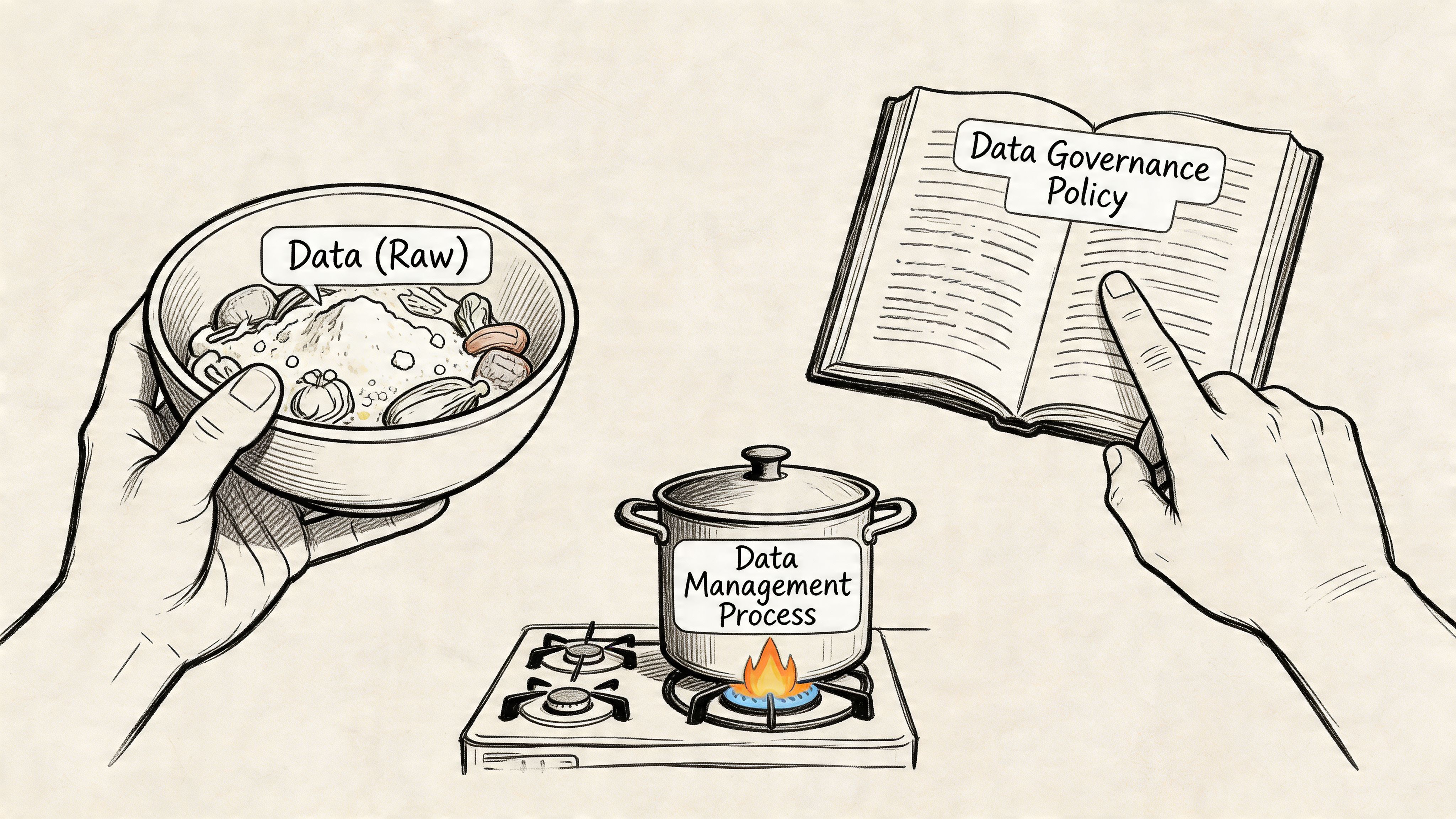 A conceptual illustration showing raw data in a bowl, a cooking pot, and a data governance policy book.