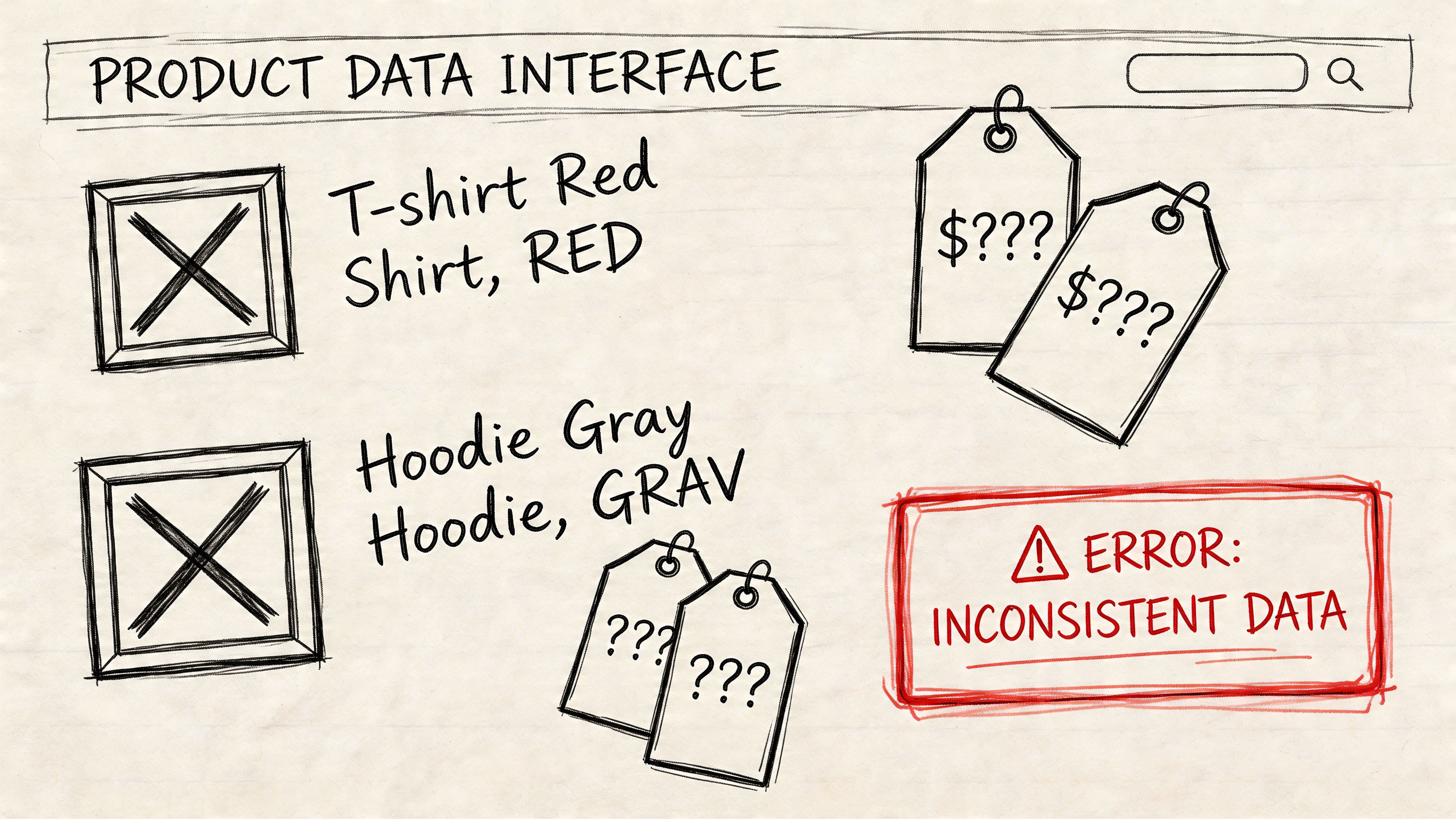 A hand-drawn sketch of a product data interface showing inconsistent product naming and pricing error warnings.