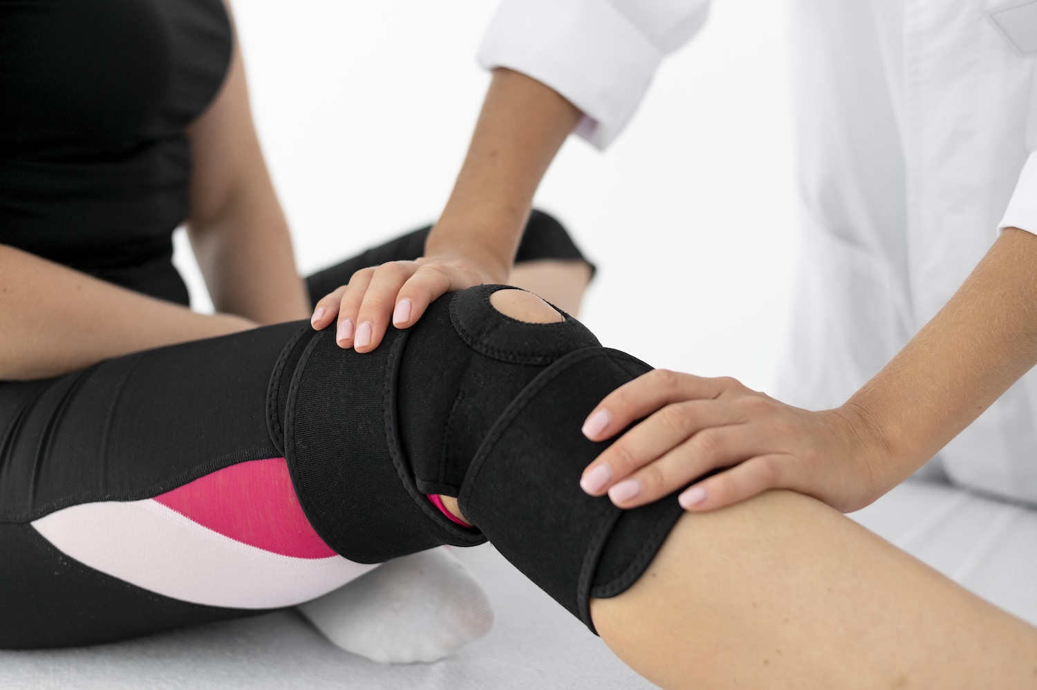 Physiotherapeutische Untersuchung eines Knies mit angelegter Knieorthese während der Rehabilitation.