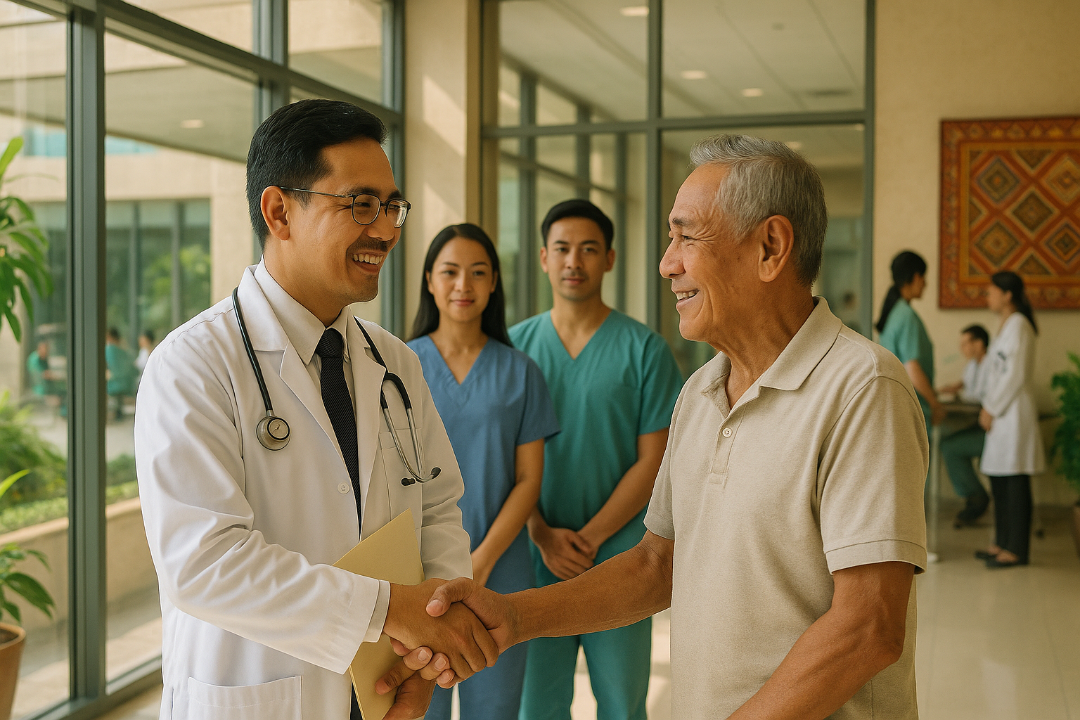 Doctor in white coat with stethoscope shaking hands with elderly male patient in hospital lobby, with medical staff in background
