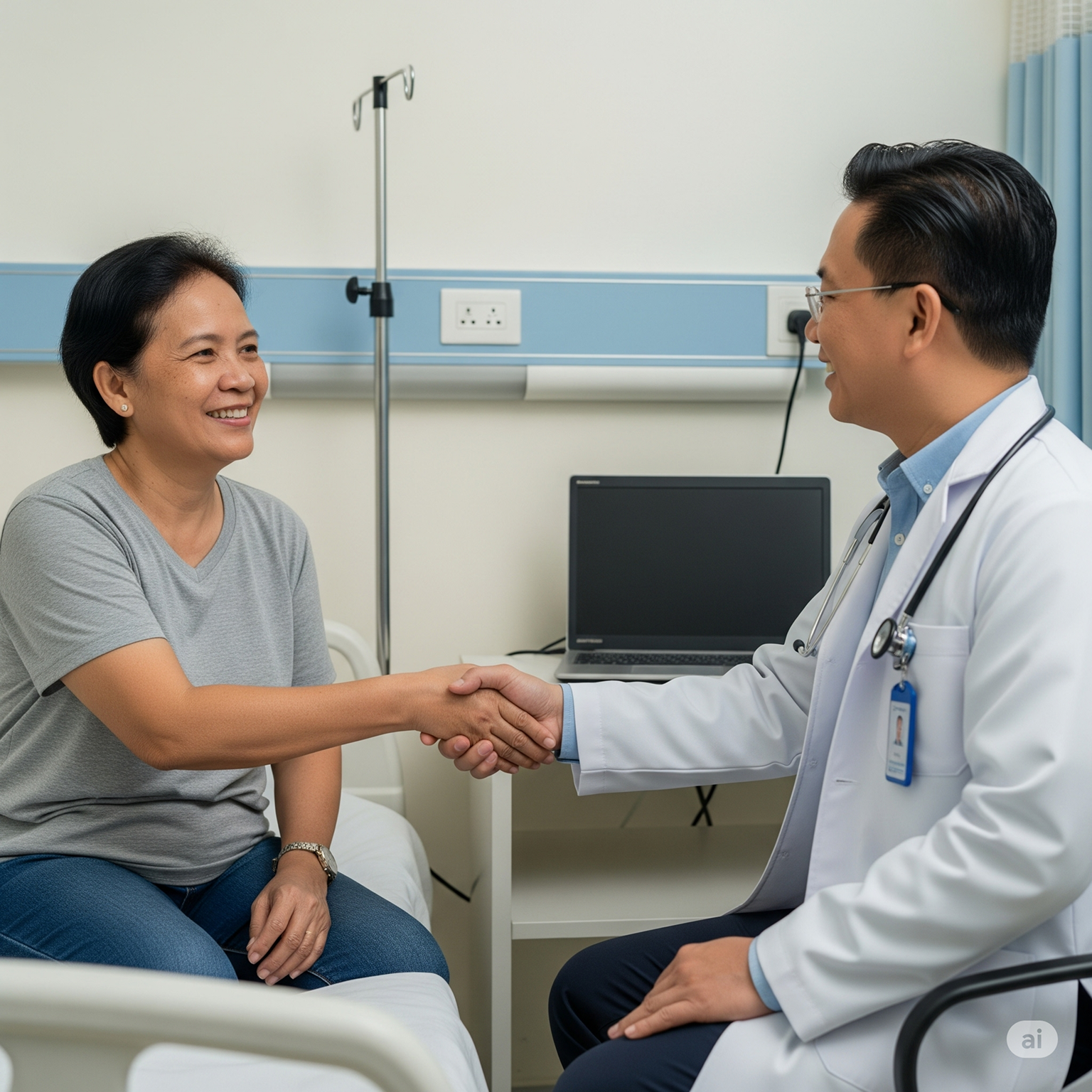 Doctor in white coat and tie shaking hands with a smiling female patient in gray clothing in a medical examination room, with a laptop visible on the desk behind them