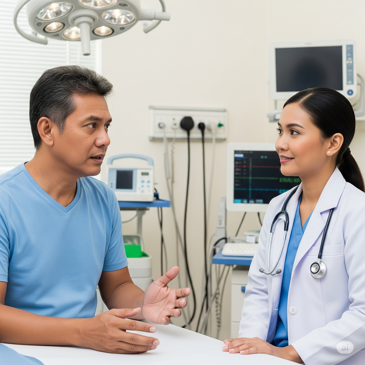 Male patient in blue shirt consulting with a female doctor in white coat and stethoscope in a medical examination room with equipment visible in the background