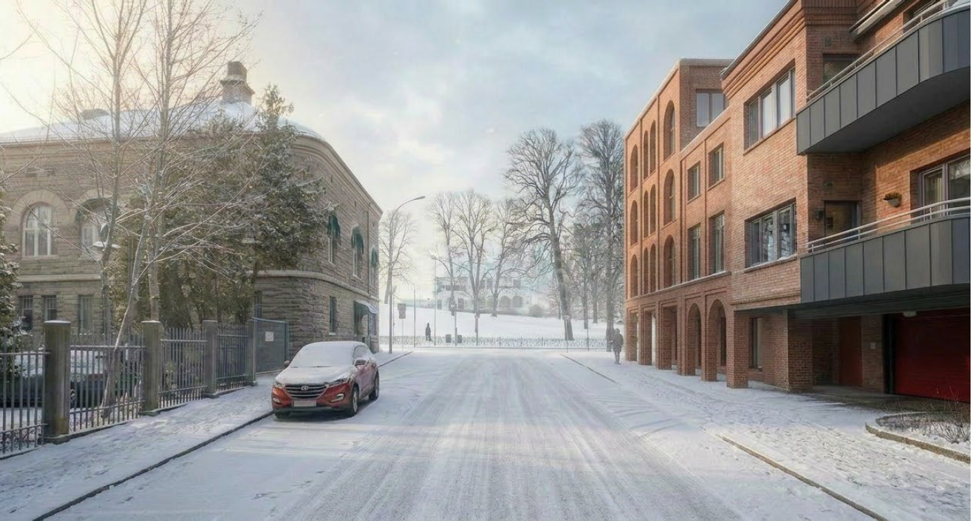 Snødekket gatehjørne som viser eldrebolig fra elven opp mot lykkeberg