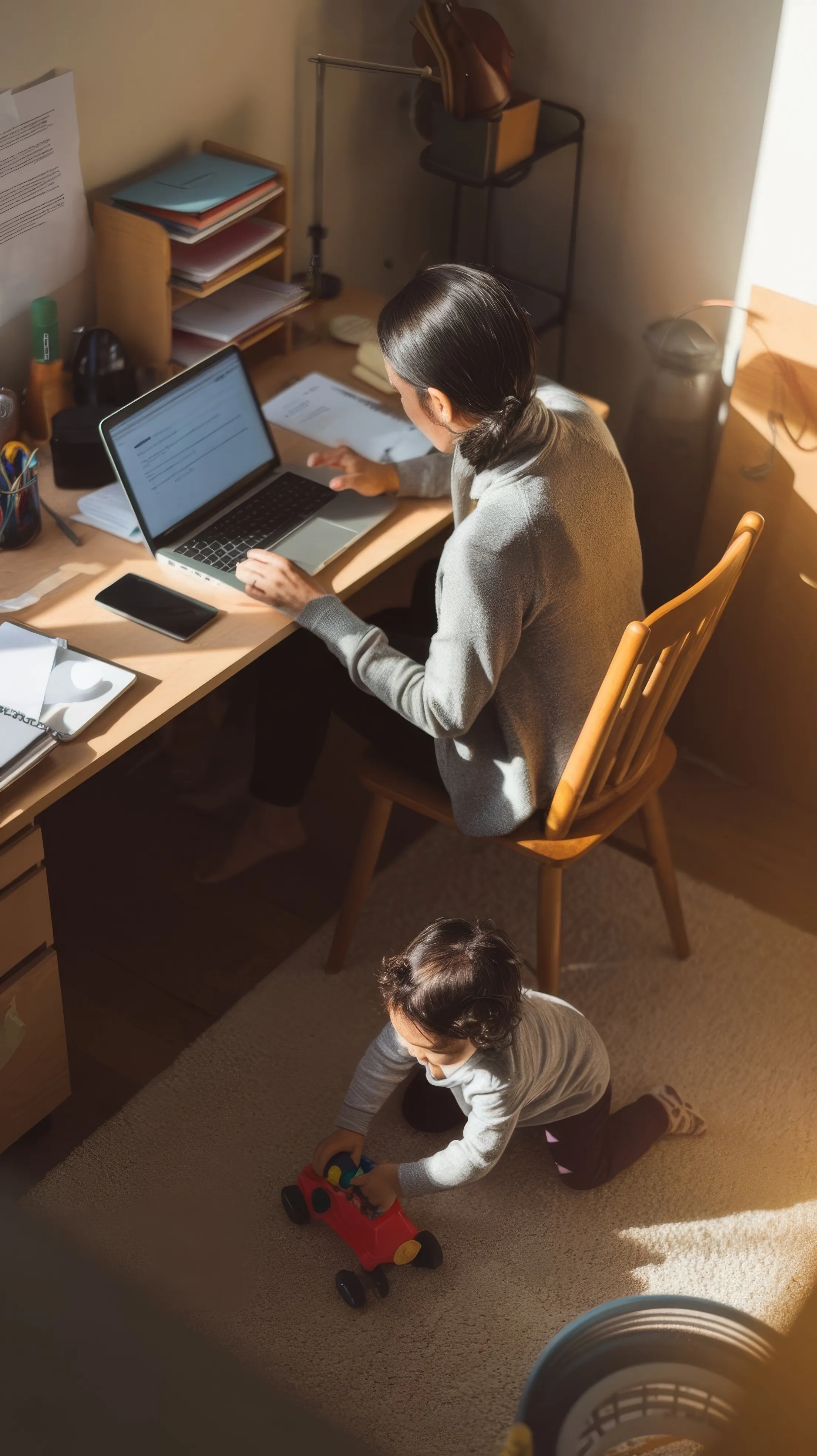 Woman working from home on a laptop with documents, while a child plays with a toy car on the floor, illustrating the balance of personal and professional life in a home office setting.