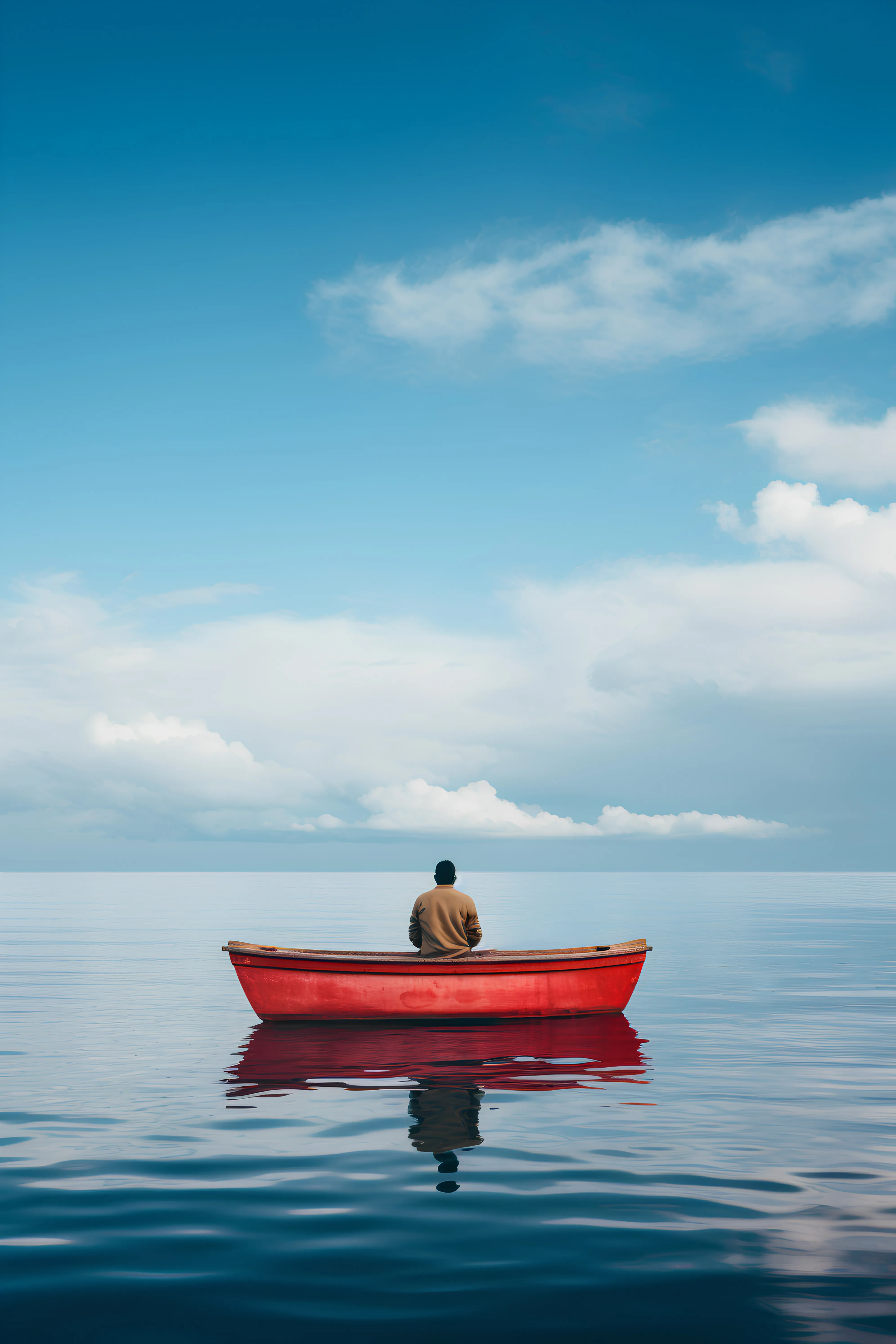 Person sitting in a red boat on calm water under a clear blue sky, symbolizing tranquility and reflection, relevant to managing cash flow and financial decisions.
